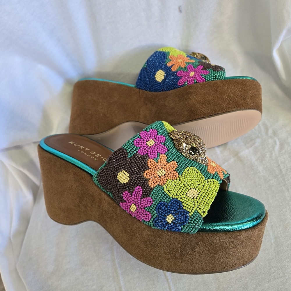 Kurt Geiger Beaded Floral Slide Mules in Teal, Green, Pink, Orange - Picture 8 of 16